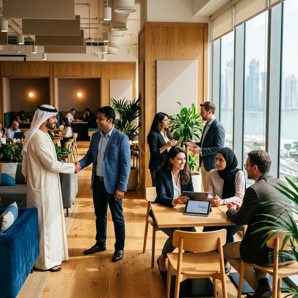 Business professionals networking in a modern Qatar office
